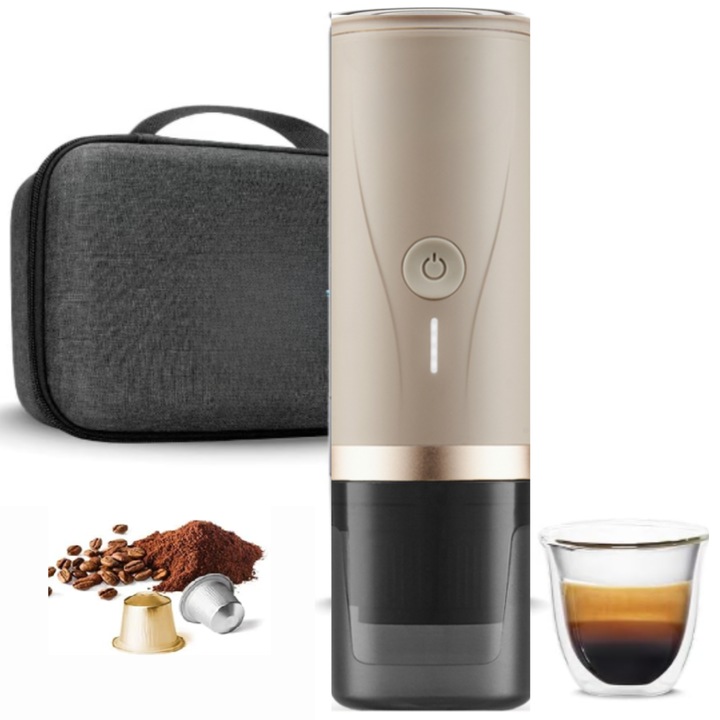 Преносима еспресо машина FENIKEST PCM03, 20 BARI, автоматично загряване на 92°C, съвместима с капсули Nespresso и смляно кафе, акумулаторна батерия, USB-C, идеална за пътуване, туризъм, кола или офис, сметана