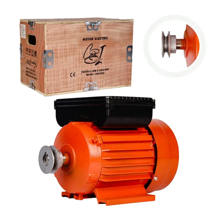 Еднофазен електродвигател, 1,5 kW, 3000 об/мин, 100% медна намотка, чугунен корпус, защита от претоварване, 57 мм ролка, дървена кутия включена - COBI SMART®