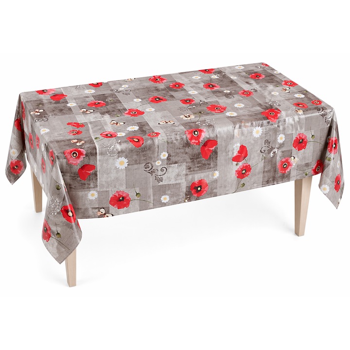 Fata de masa impermeabila, musama, dreptunghiulara, 100x140 cm, material PVC/textil, model fluturi, mac si flori de camp