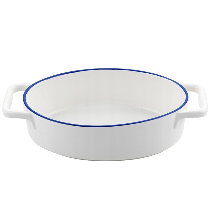 Ovális kerámia hőálló sütőtál, 27 x 15 x 6,5 cm, fehér, kék peremmel, Yucca Florina