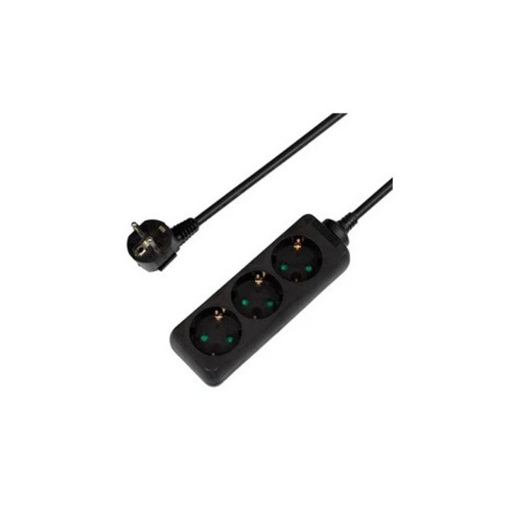 Удължителен кабел с 3 гнезда, черен, с детска защита, 3680 W
