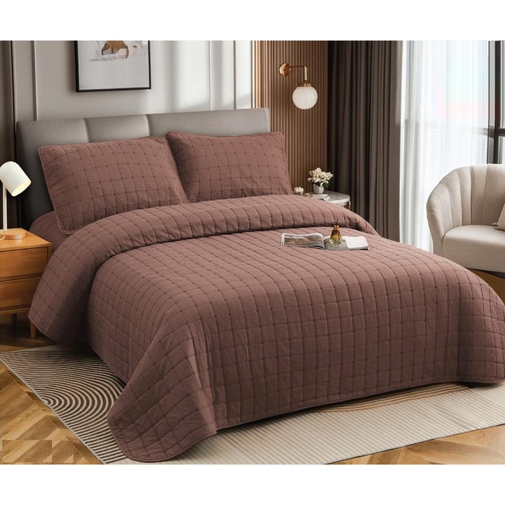 Set Lenjerie de pat CHIRASO 4 piese, Bumbac cu In, UNI, maro, Cuvertura 230x240cm, Husa pat 180x200cm, 2 fete perna
