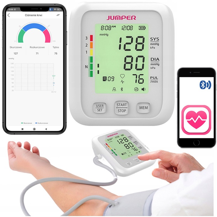 Tensiometru, Jumper, JUMPERJPD HA121, 38.5x120x63.2 mm, Ecran Digital Lcd, 99 De Inregistrari Ale Masuratorilor Pentru 2 Utilizatori, Functie De Calculare A Mediei, Bluetooth Pentru Salvarea Rezultatelor In Aplicatia Mobila