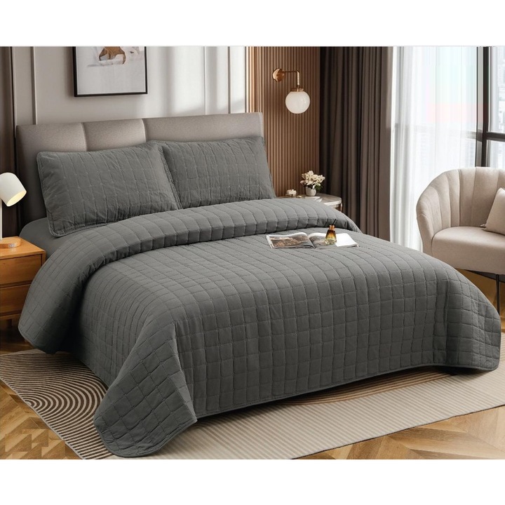 Set Cuvertura CHIRASO 4 piese, Bumbac cu In, UNI, gri, 230x240cm, Husa pat 180x200cm