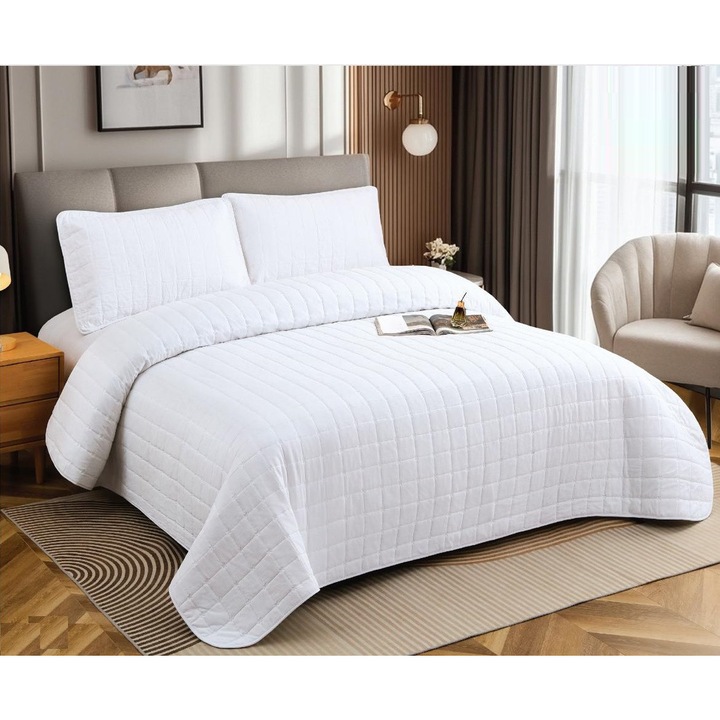 Set Cuvertura CHIRASO 4 piese, Bumbac cu In, UNI, alb, 230x240cm, Husa pat 180x200cm, 2 fete perna 55x80cm
