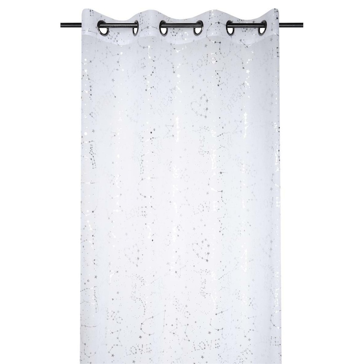 Függöny, TEXTÍLIA, 135x260 cm, Ezüst, Átlátszó, Fényes unikornisok és csillagképek mintájával, Könnyű és Dekoratív, Könnyen Összeszerelhető Gyűrűkkel, Ideális Gyerekszobába