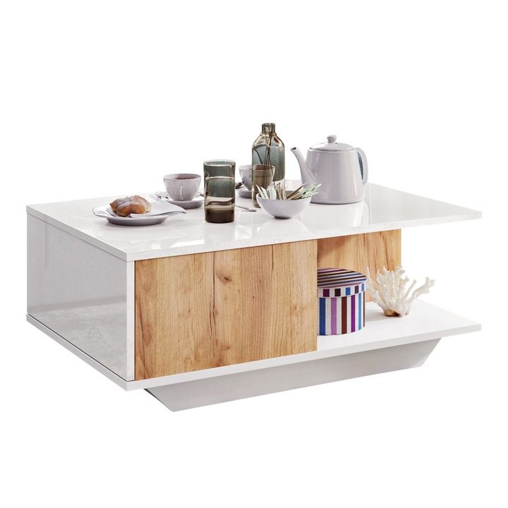 Masa de cafea Dafi Furniture, blat alb lucios, structura stejar natur, moderna si ideala pentru living, 90x60 cm
