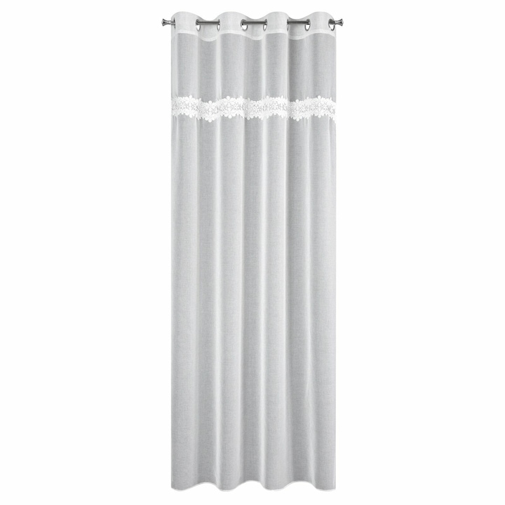 Завеса, EUROFIRANY, модел KAJA, 140x150 см, бяла, лека с флорална дантела отгоре, пропуска светлина, монтира се с халки, идеална за хол и спалня