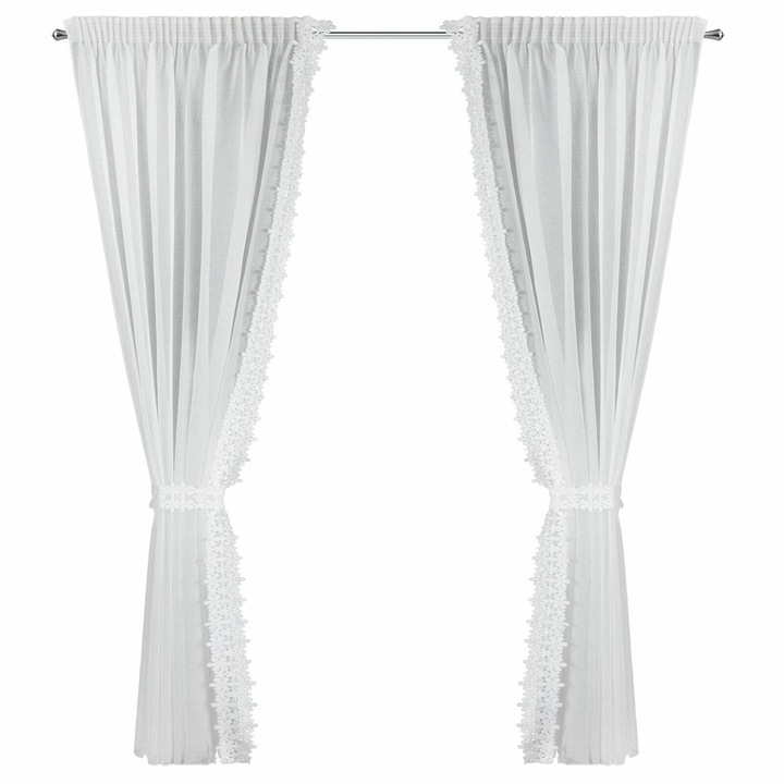 Függönygarnitúra, EUROFIRANY, KAJA modell, 140x270 cm, fehér, 2 darabos, megkötővel, könnyű és légies, dekoratív csipkével, alagútba szerelhető, ideális nappaliba és étkezőbe