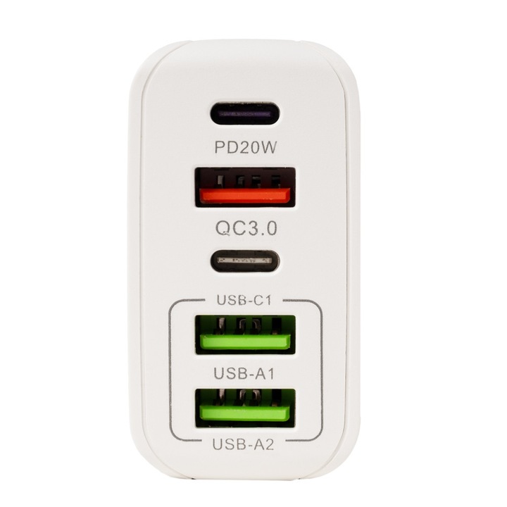 Încărcător rețea Spacer, 37W, 5 porturi USB-C/USB-A, protecție suprasarcină, alb, dimensiuni 54x29x98mm