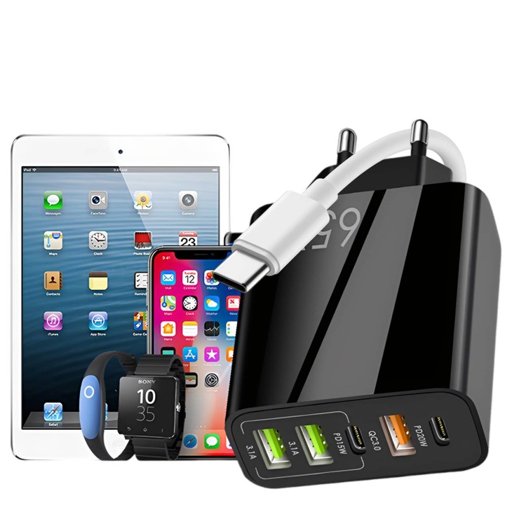 Incarcator Retea 5 Porturi, AHA PRINT®, cu Cablu USB-C la USB-C 60W Inclus, Fast Charge, total 65W, 3xUSB, 2xType-C, USB QC 3.0, PD 20W, PD 15W, compatibil iPhone, Samsung, Tableta, negru