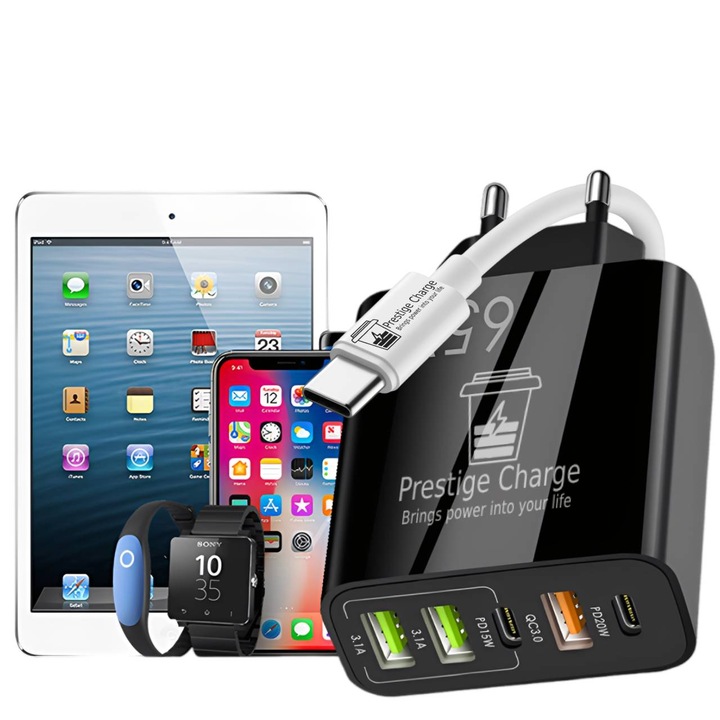 Incarcator Retea 5 Porturi, PRESTIGE CHARGE®, cu Cablu USB-C la USB-C 60W Inclus, Fast Charge, total 65W, 3xUSB, 2xType-C, USB QC 3.0, PD 20W, PD 15W, compatibil iPhone, Samsung, Tableta, negru