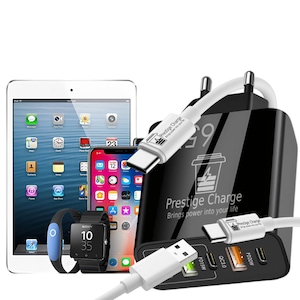 Incarcator Retea 5 Porturi, PRESTIGE CHARGE®, cu 2 Cabluri Incluse, Cablu USB-C la USB-C 60W + Cablu USB-A la USB-C, Fast Charge, total 65W, 3xUSB, 2xType-C, USB QC 3.0, PD 20W, PD 15W, compatibil iPhone, Samsung, Tableta, negru