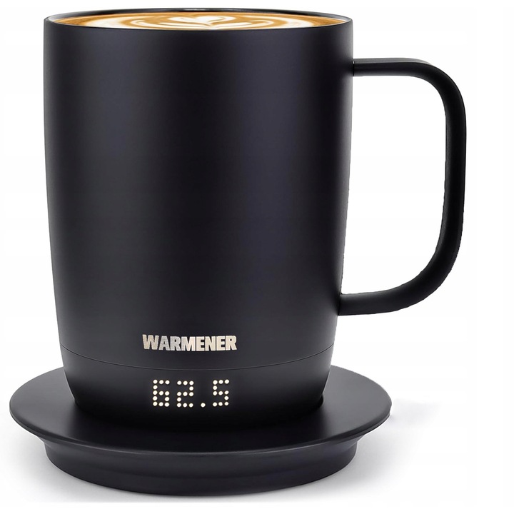 Ceasca electrica incalzita Warmener, 300 ml, cu afisaj LED, mentinere a temperaturii, pentru cafea si ceai, negru mat