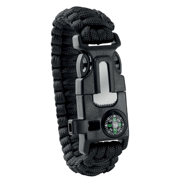 Bratara de supravietuire in aer liber, tip army, 5 in 1, paracord, busola, fluier, cutit, cremene, LRTM, negru