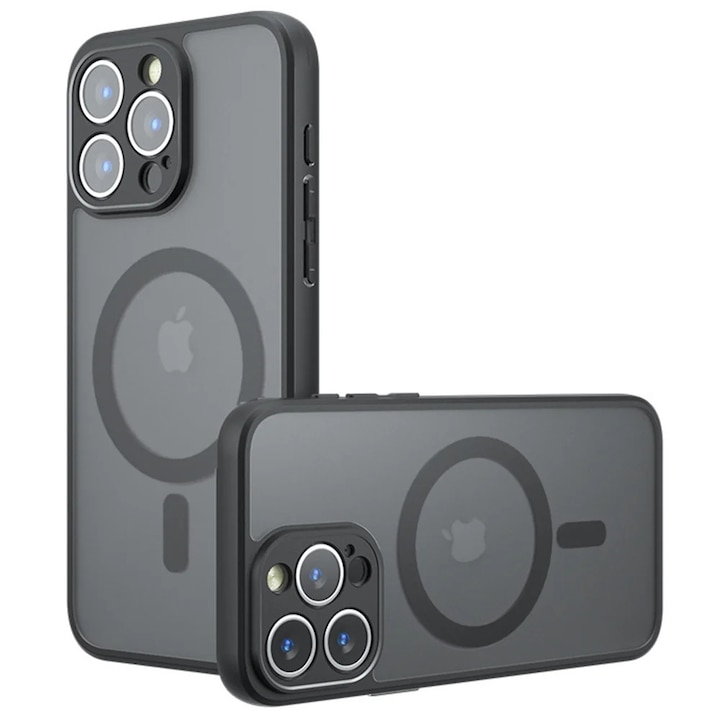 Husa pentru iPhone 14 Pro, SKYDDAR INNOVATION, PureFrost MagSafe, AntiSoc, set cu sticker, Negru frost