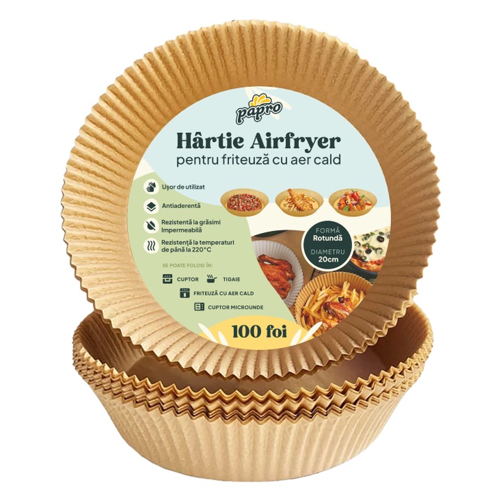 Set 100 bucati hartie Papro pentru Air Fryer/cuptor/cuptor cu microunde, de unica folosita, rezistenta pana la 220°C, fara BPA,20x20x4.5 cm, Maro, Rotund, compatibila cu AirFryere Tefal, Philips, Ninja, Breville, Russel Hobbs, Samsung