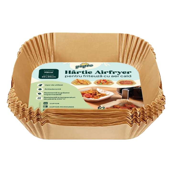 Set 500 bucati hartie Papro pentru Air Fryer/cuptor/cuptor cu microunde, de unica folosita, rezistenta pana la 220°C, fara BPA, 20x20x4.5 cm, Maro, patrata, compatibila cu AirFryere Tefal, Philips, Ninja, Breville, Russel Hobbs, Samsung