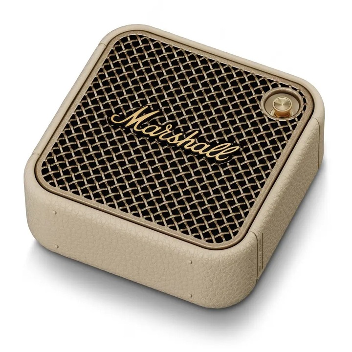 Boxa portabila Marshall, IP67, autonomie +17h, Bluetooth 5.3, conectare prin aplicatie, hands-free, mod Stack, raza de acoperire 90m, curea pentru agatare, incarcare prin USB-C, design vintage, crem