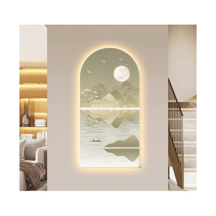 Tablou decorativ LED 50×120 cm – Peisaj cu luna si munte, echilibru, serenitate (cod B122L)