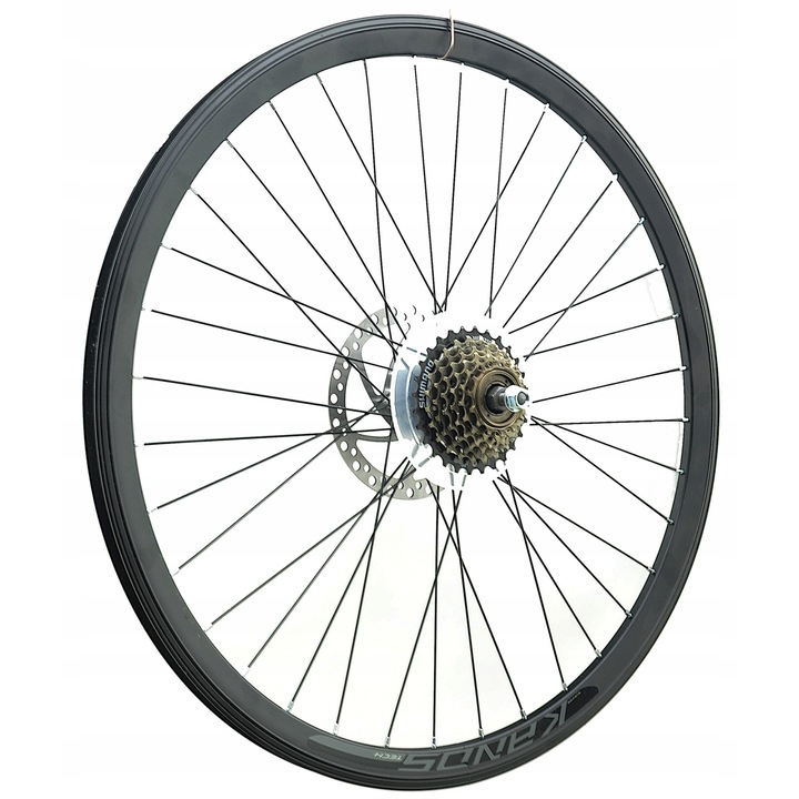 Kands 28 colos kerékpárkerék, hátsó, tárcsafék, fekete alumínium, 36 küllős, csavarkészlettel és Shimano 7 sebességes lánckerékkel