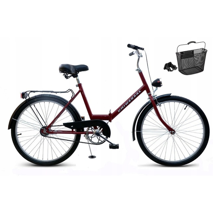 Bicicleta pliabila 24', bordo, cu cos detasabil, unisex, cu iluminare LED
