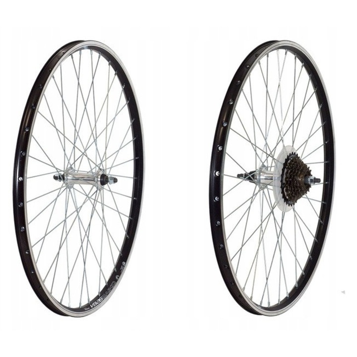 Kerékpár kerékszett 28 colos, alumínium, fekete, 36 küllős, Shimano 7 soros szabadonfutóval