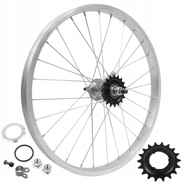 Komplett kerékpárkerék, 20 colos, alumínium, ezüst, 28 küllős, pedálfékes