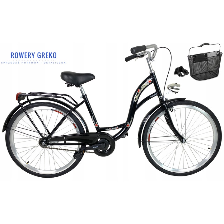 Vanessa 26'-os városi kerékpár, fekete, kivehető kosárral, 1 sebességes, 147 cm és 175 cm közötti magassághoz