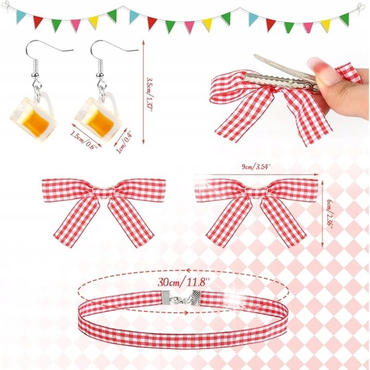 Női Oktoberfest jelmez, köténnyel, fehér zoknival, fülbevalóval és kockás nyaklánccal, univerzális méret