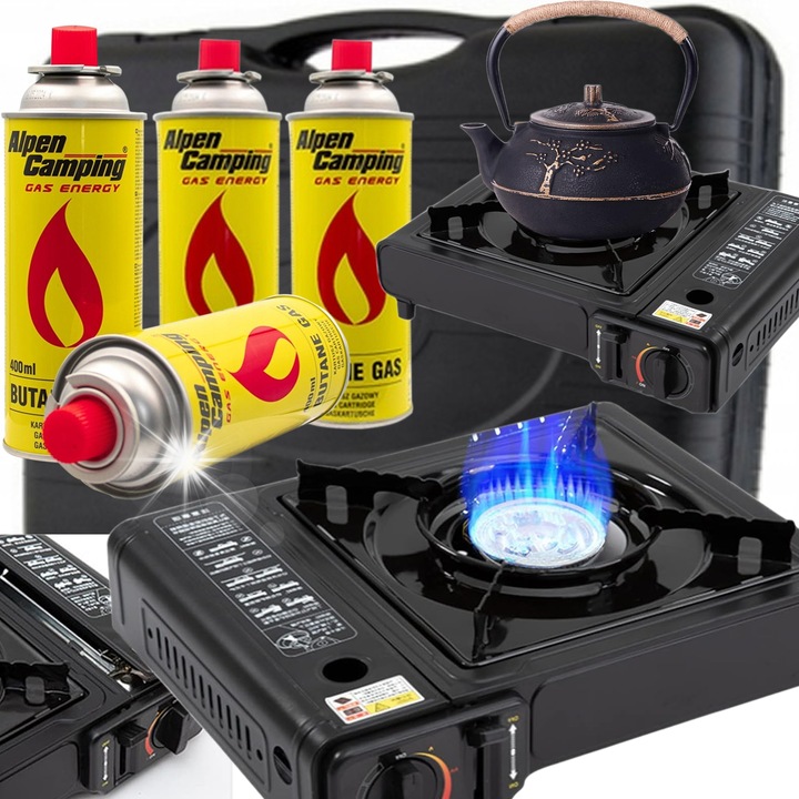 Преносима туристическа печка с 4 газови патрона, размери 34x25x8.5см, 2500W, включен куфар