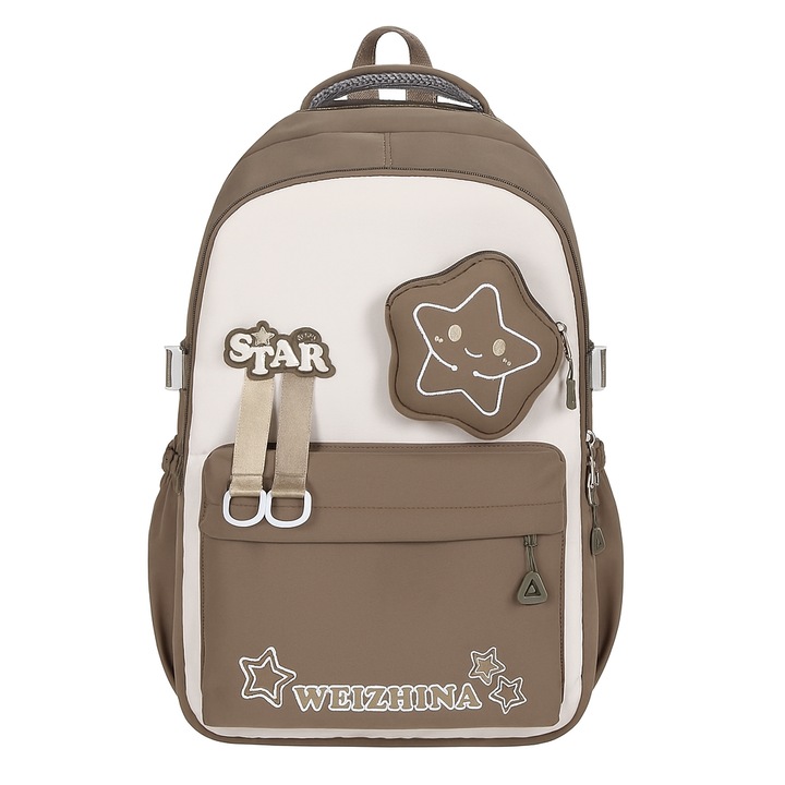 Ghiozdan școală compartimentat, bej, 47x33x20cm, material rezistent, buzunar în formă de stea