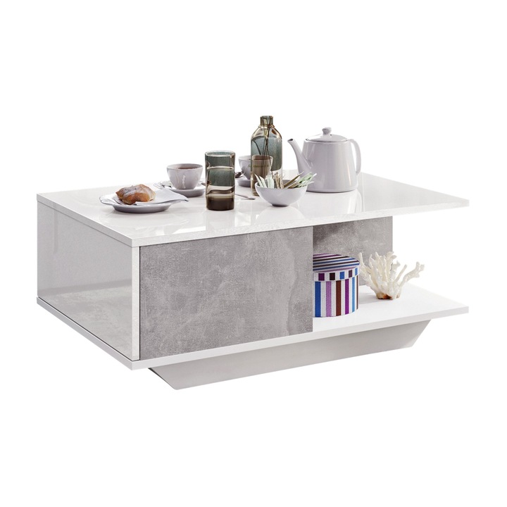 Модерна масичка за хол Dafi Furniture, лъскав бял плот, рамка с декор от бетон, индустриален стил, 90x60 см