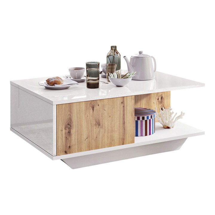 Модерна масичка за хол Dafi Furniture, лъскав бял плот, декор от дъб Artisan, съвременен дизайн, 90x60 см