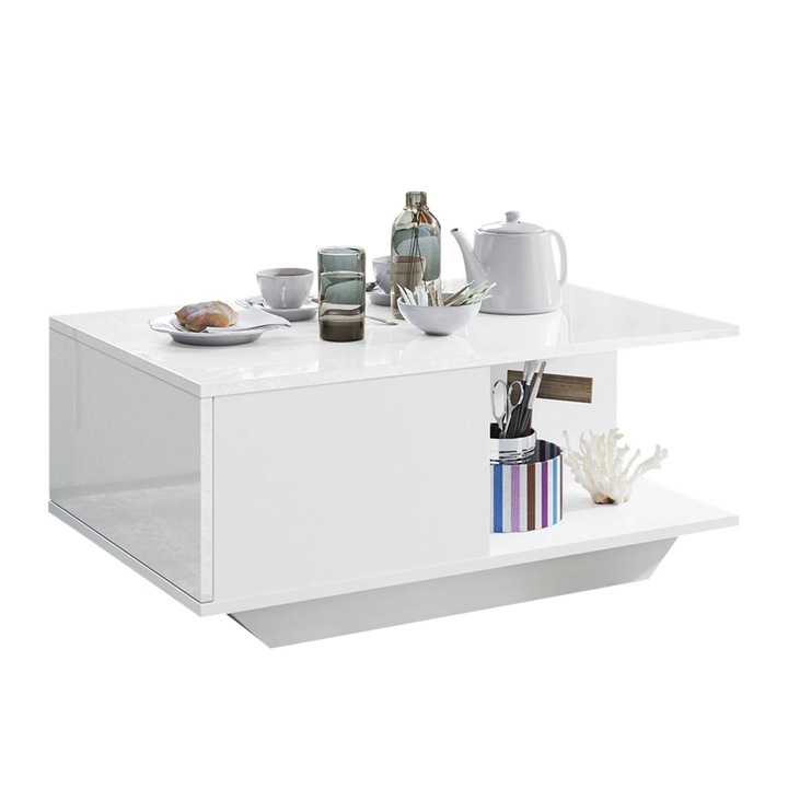 Модерна холна маса Dafi Furniture, лъскав бял плот, матово бяла конструкция, идеална за хол, 90x60 см