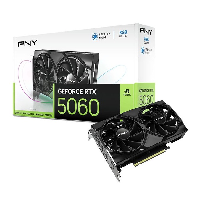 PNY GeForce RTX5060 8GB DDR7 gamer videókártya, nVidia, RTX 50 Series, PCIE, 8GB, GDDR7, 128bit, GPU:2497MHz, RAM:28000MHz, Aktív hűtés, 1xHDMI, 3xDisplayPort