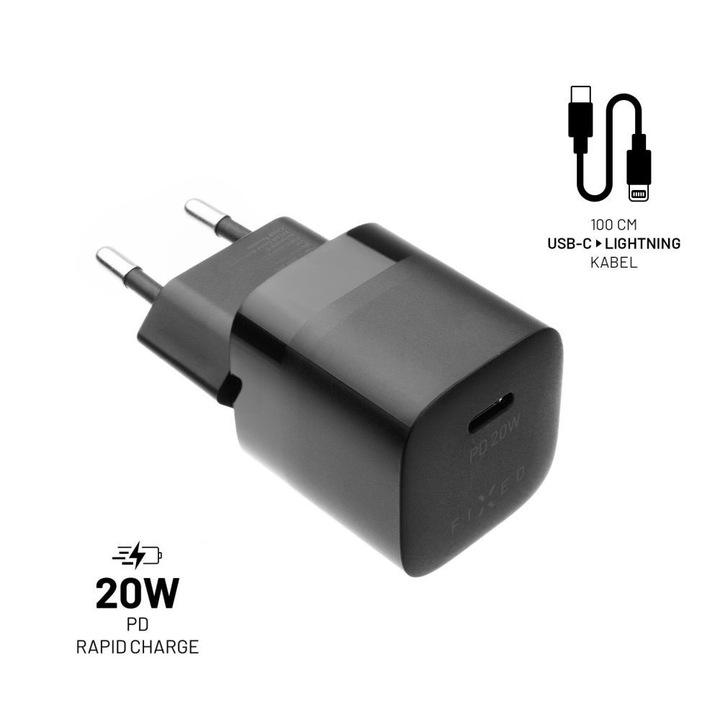 FIXED Mini hálózati töltőkészlet USB-C kimenettel és USB-C/Lightning kábellel 20W 1m, fekete, 290115, Töltő
