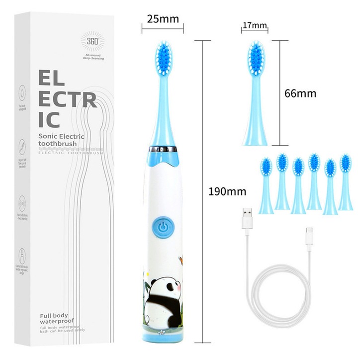 Periuță de dinți electrică pentru copii, 19800 vibrații/min, 4 moduri, set 6 capete
