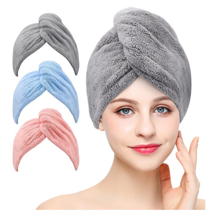 3 броя микрофибърни кърпи за коса, ултра хигроскопичен шал за увиване, бързосъхнеща шапка за коса с копче, мека абсорбираща бързосъхнеща шапка, против начупване за дълга гъста коса (сив + розов + син)