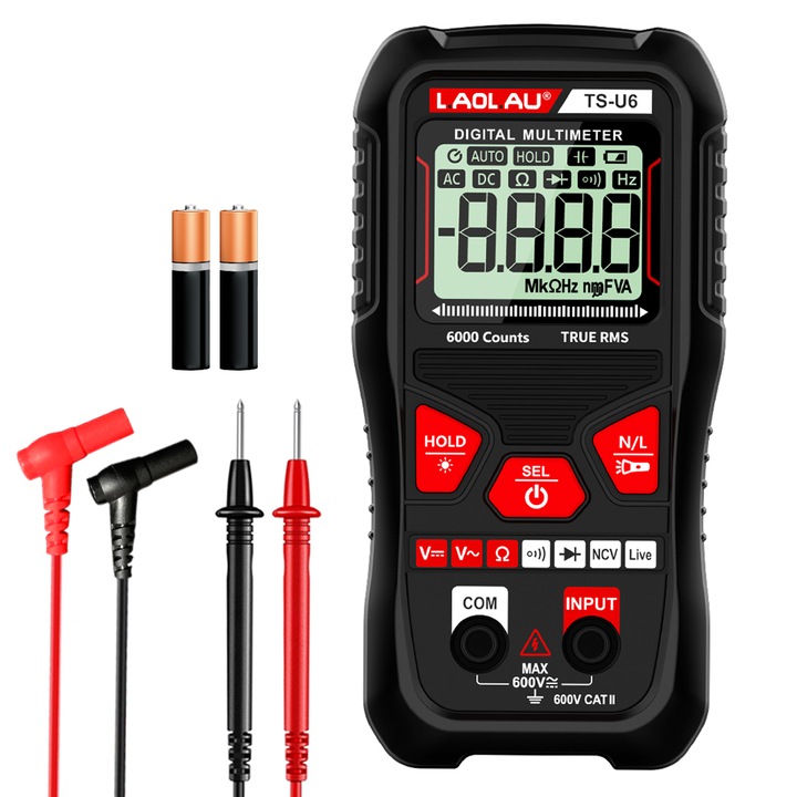 Multimetru Digital L.AOL.AU TS-U6 NCV, 6000 T-RMS, Negru, Detectare Tensiune Fără Contact, Ecran Iluminat