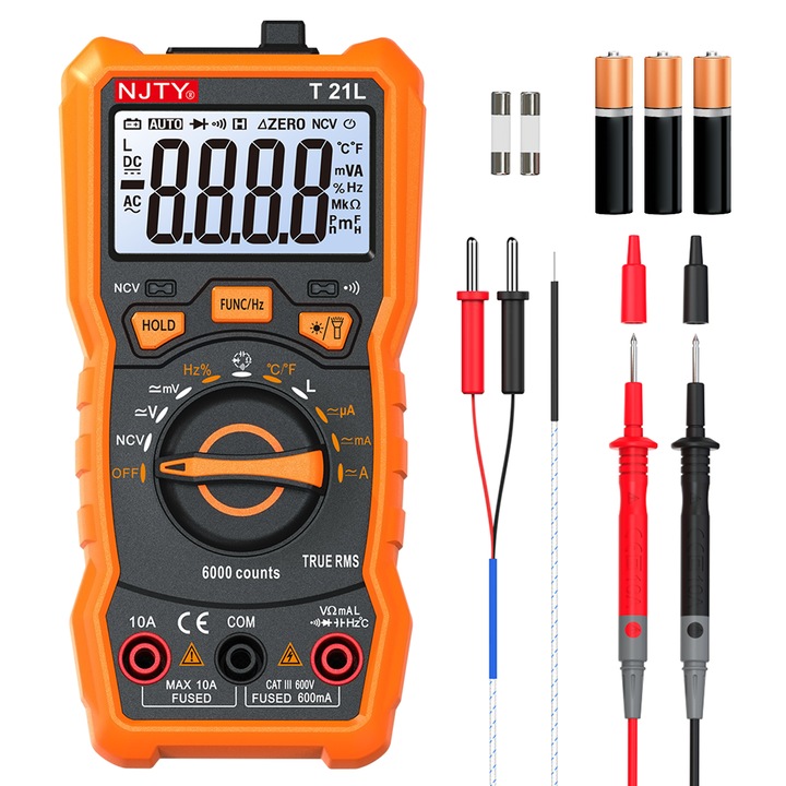 Multimetru Digital NJTY T21L, cu Inductanta, Duty Cycle, Magnet Spate, 10A AC/DC, 6000