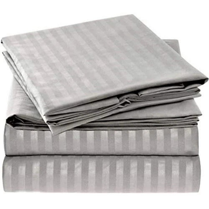 Cearceaf de pat Kotonia Home Deco, 100% bumbac, Damasc Saten, dimensiune dungi 1 cm, Gri, 220x240 cm