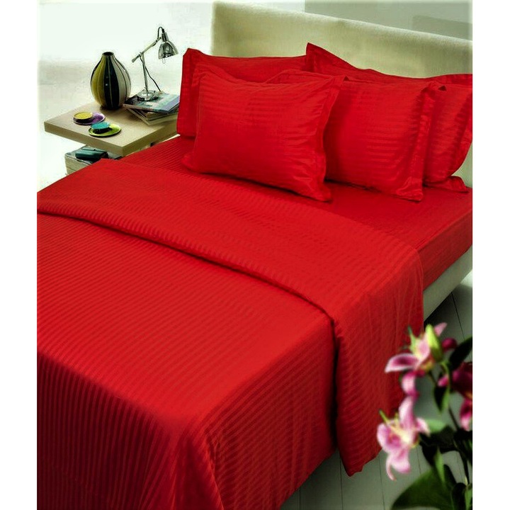 Чаршаф за спане Kotonia Home Deco, 100% памук, дамаски сатен, размер на райета 1 см, червен, 240x260 см