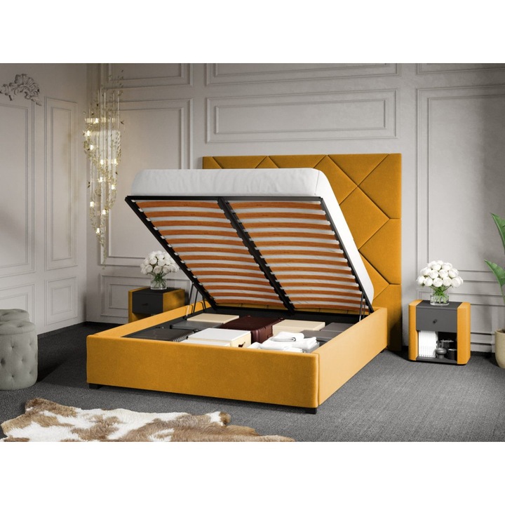 Pat Tapitat cu Panou, 191x170, C2, Dubai cu Somiera Rabatabila, 180x200, Galben/Velluto 8