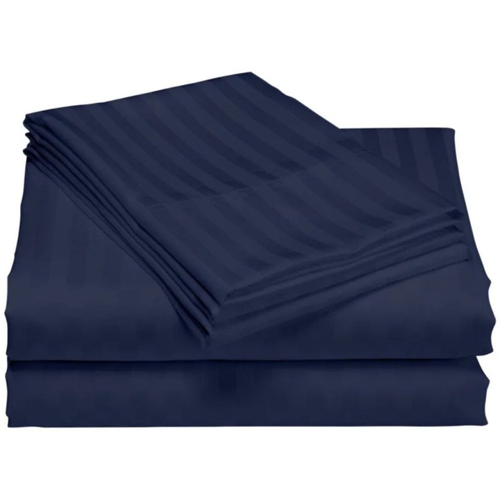 Cearceaf de pat Kotonia Home Deco, 100% bumbac, Damasc Saten, dimensiune dungi 1 cm, Bleumarin, 150x240 cm