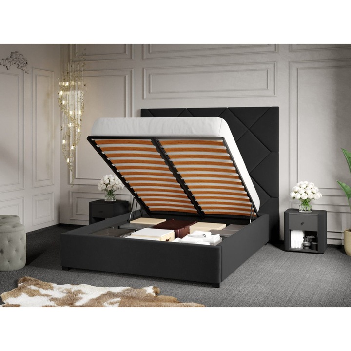 Pat Tapitat cu Panou, 191x170, C2, Dubai cu Somiera Rabatabila, 180x200, Gri Inchis/Velluto 19