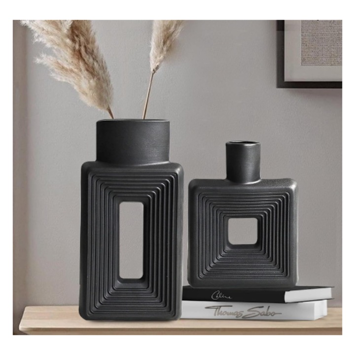 Set 2 vaze ceramice, model scandinav, dreptunghiular, negru