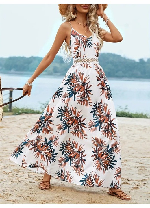 Елегантна рокля, с презрамки, V-образно деколте, дантелени детайли, многоцветна, джърси, максимална дължина, SM INTL