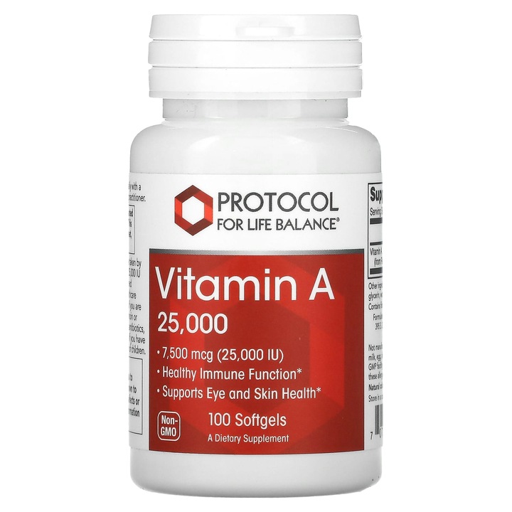 Vitamina A, 7500 g (25 000 j.m.), 100 capsule moi, Protocol for Life Balance, sanatatea ochilor si pielii, fara OMG