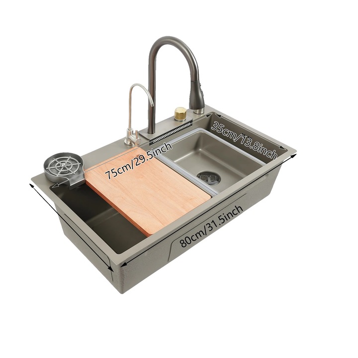 Chiuveta bucatarie, inox 304, design submontat, gri deschis, set cu tocator si cos de scurgere